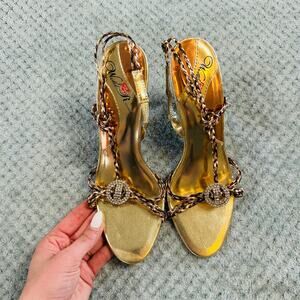 vintage gold tone strappy jeweled braided pumps heels wild rose jeweled y2k 7